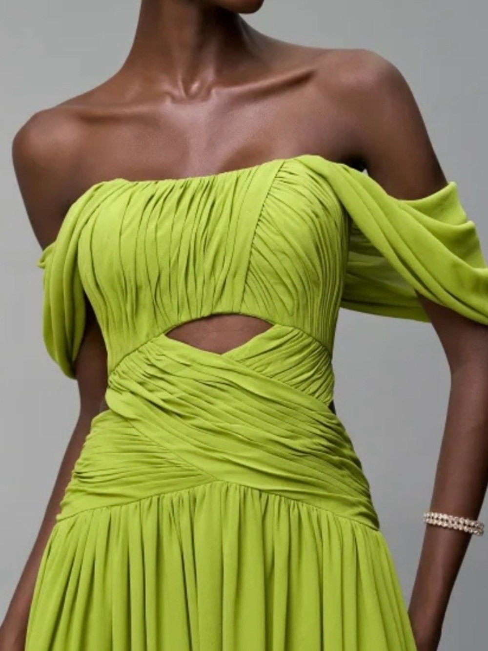 Off-Shoulder Lime Green Evening Dress - Picture 3 of 15